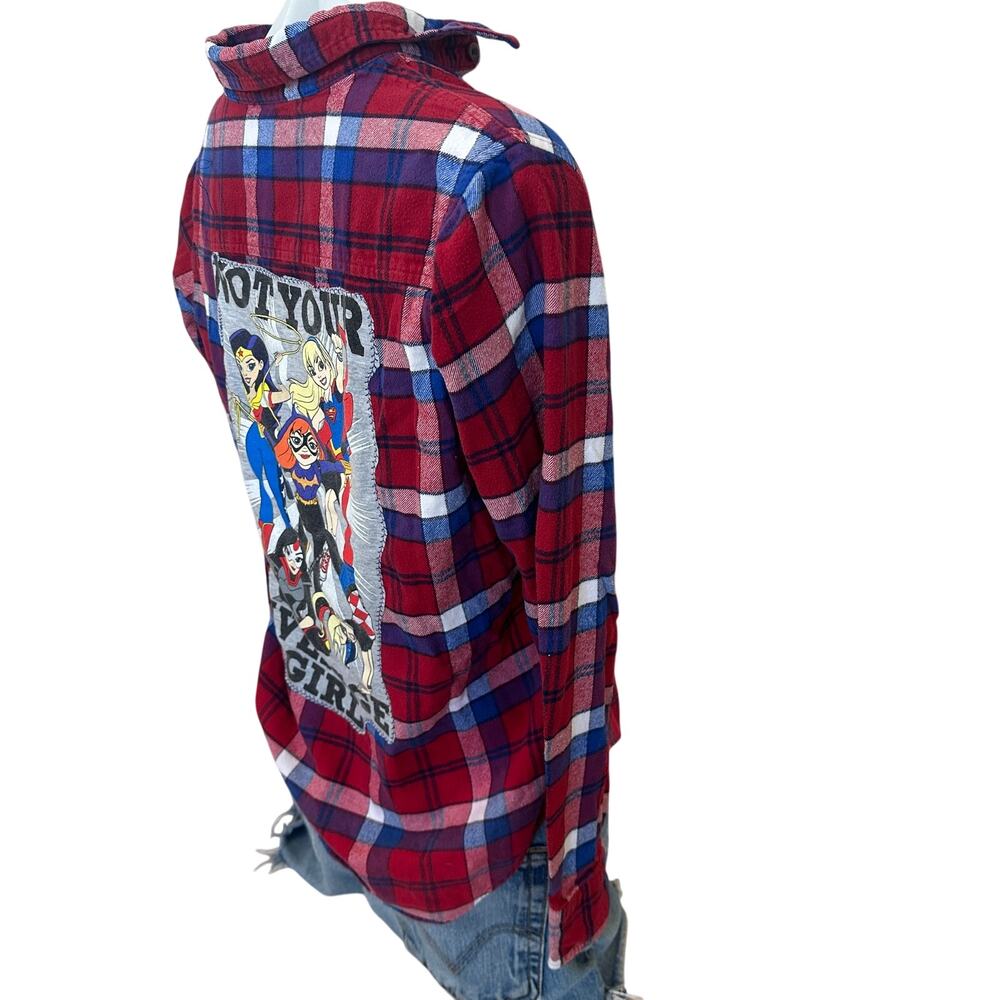 Wonder Woman Supergirl Plaid Flannel Shirt Kids SIZE 14 Unique DC Comics Batgirl - Picture 3 of 5